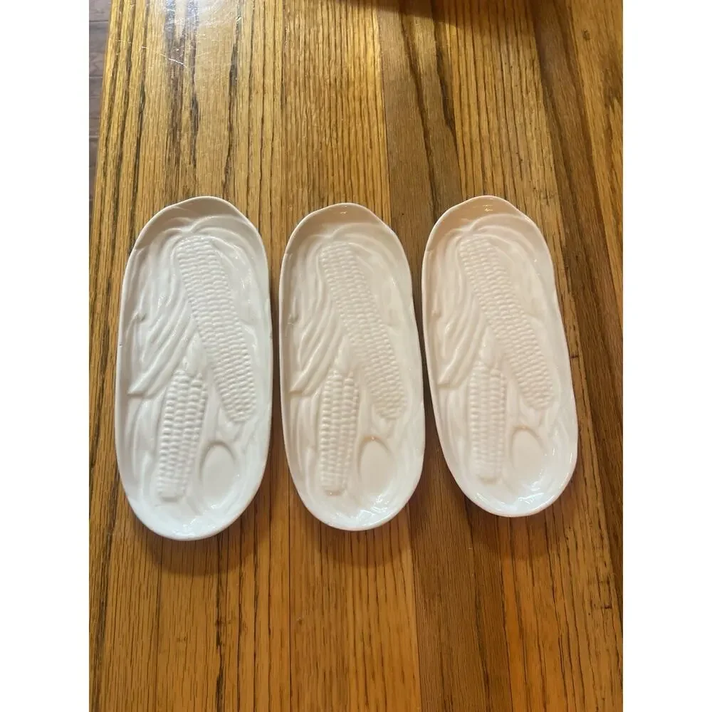 Vintage Czechoslovakia Corn on the Cob Dishes Set of 3 White Ceramic Farmhouse